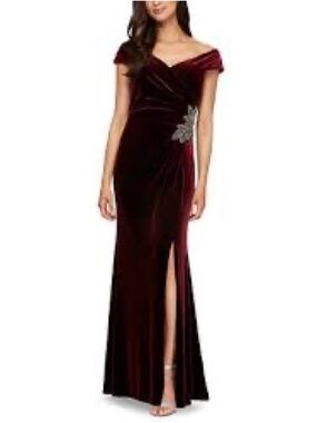 Alex Evenings One-Shoulder Velvet Evening Gown in Burgundy